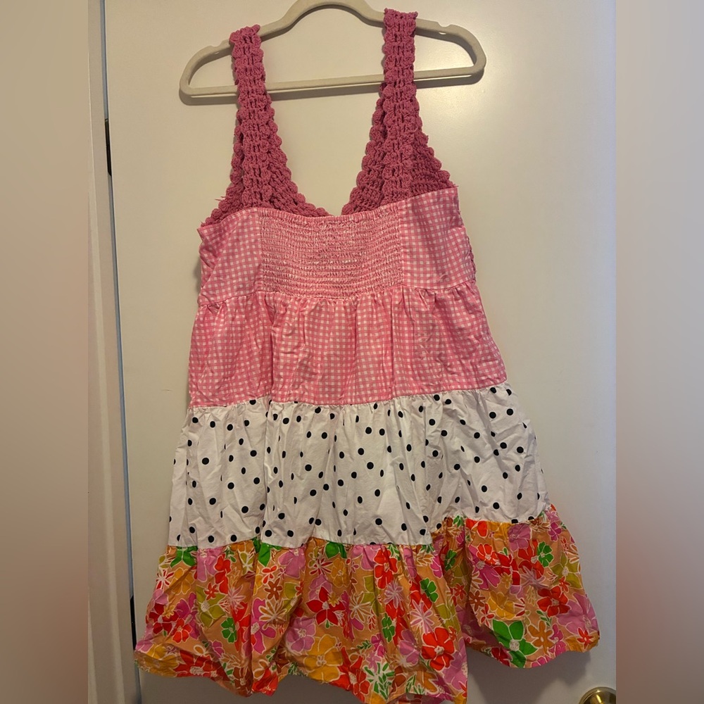 ASOS Pink Crocheted Halter Tiered Summer Dress with Floral & Polka Dot Tiers - Picture 2 of 2